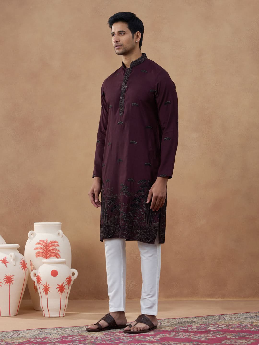 Maroon Black Motif Embroidered Kurta Set