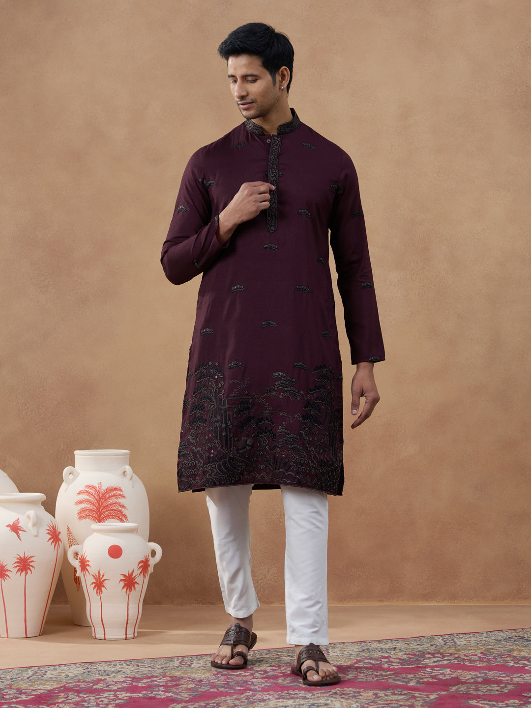 Maroon Black Motif Embroidered Kurta Set