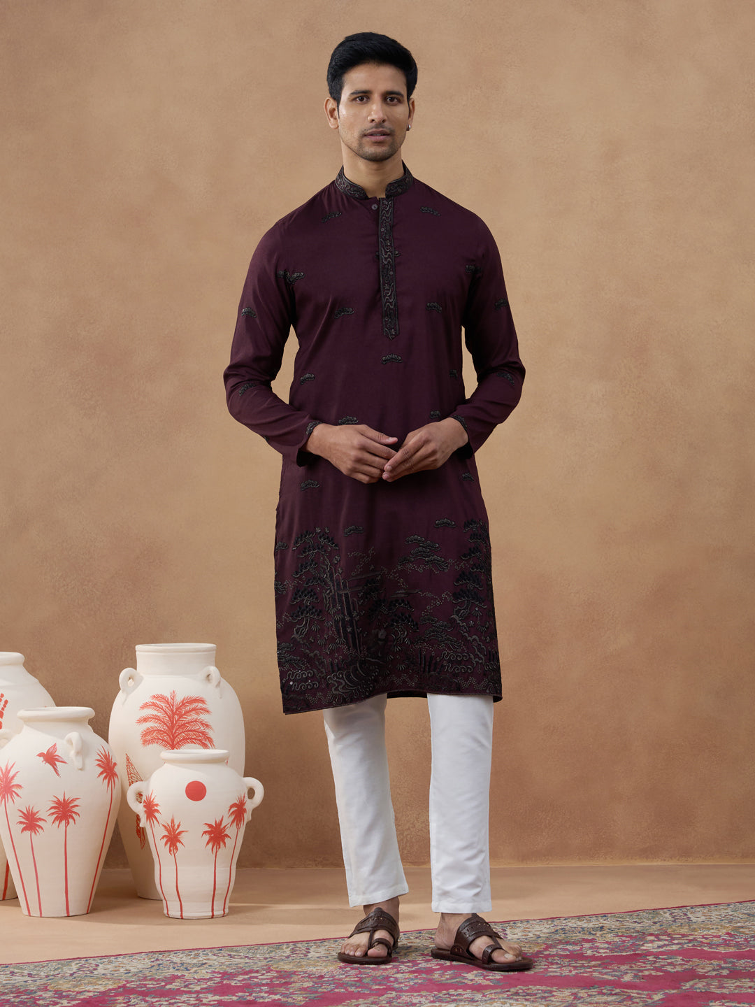 Maroon Black Motif Embroidered Kurta Set
