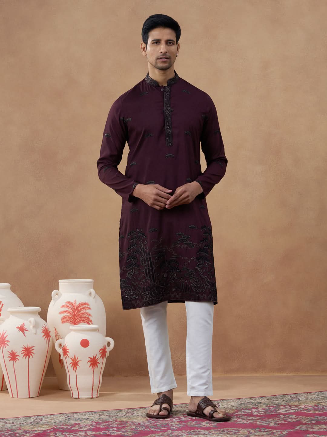 Maroon Black Motif Embroidered Kurta Set