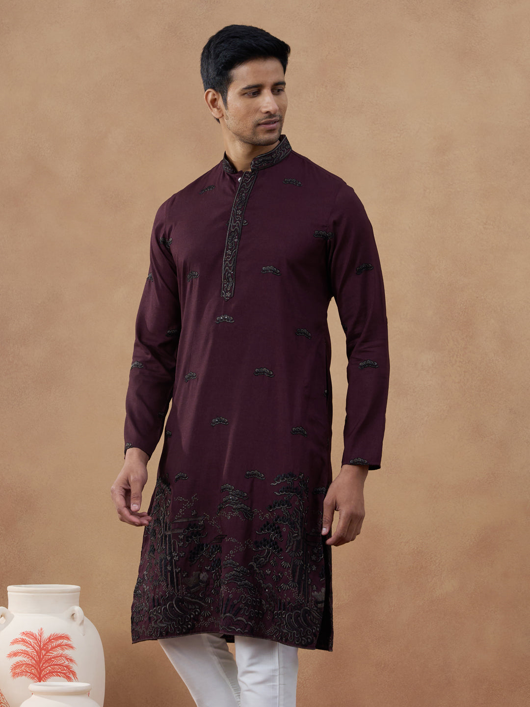 Maroon Black Motif Embroidered Kurta Set