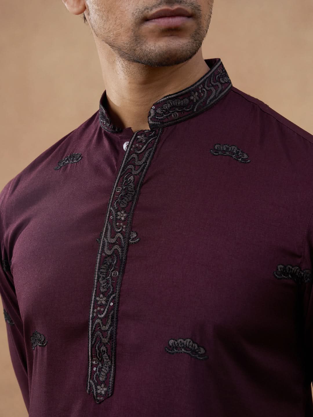 Maroon Black Motif Embroidered Kurta Set