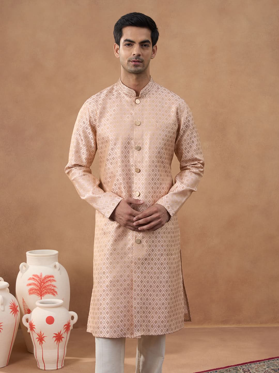 Peach Brocade Front-Open Kurta Set