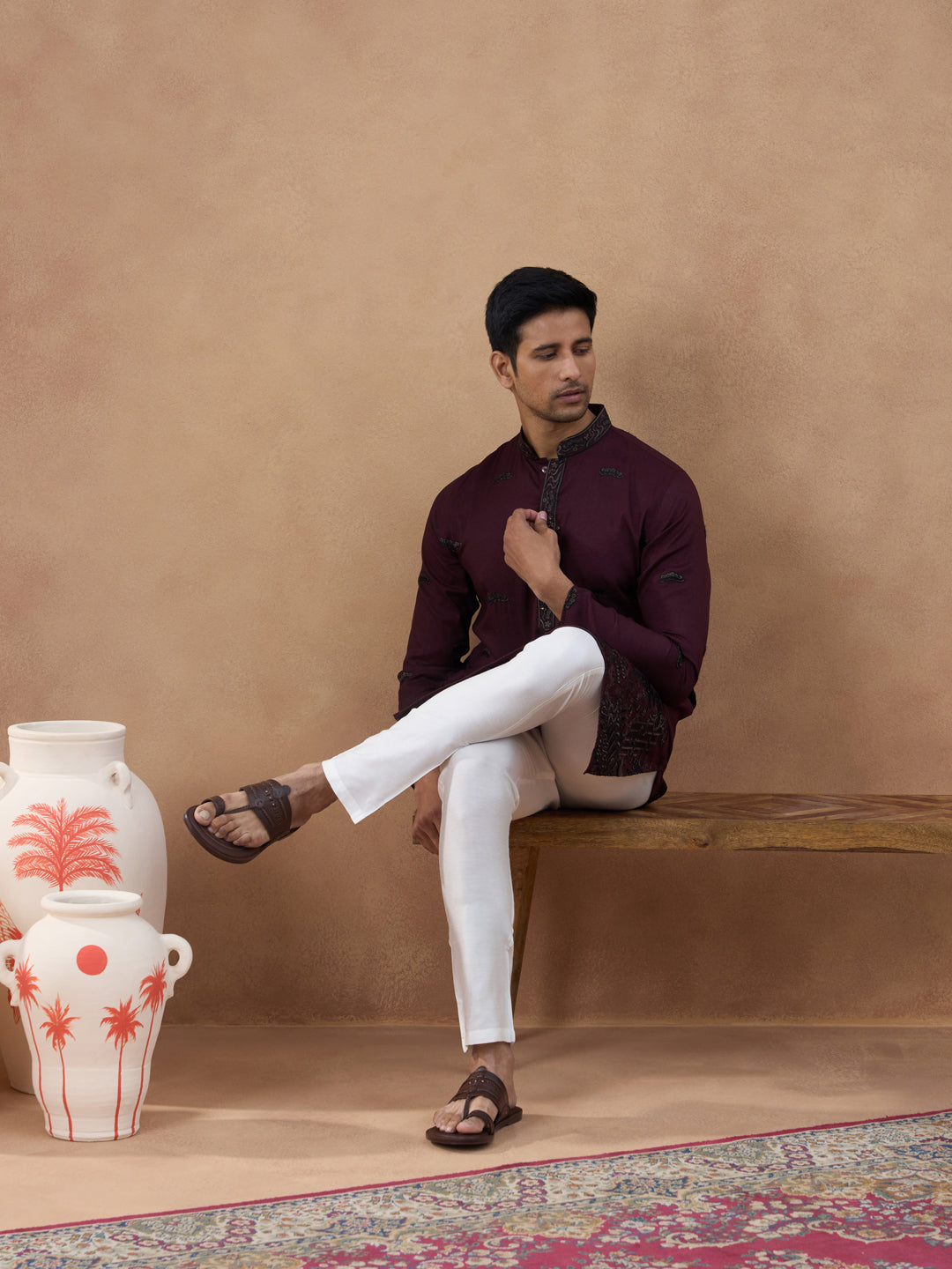 Maroon Black Motif Embroidered Kurta Set
