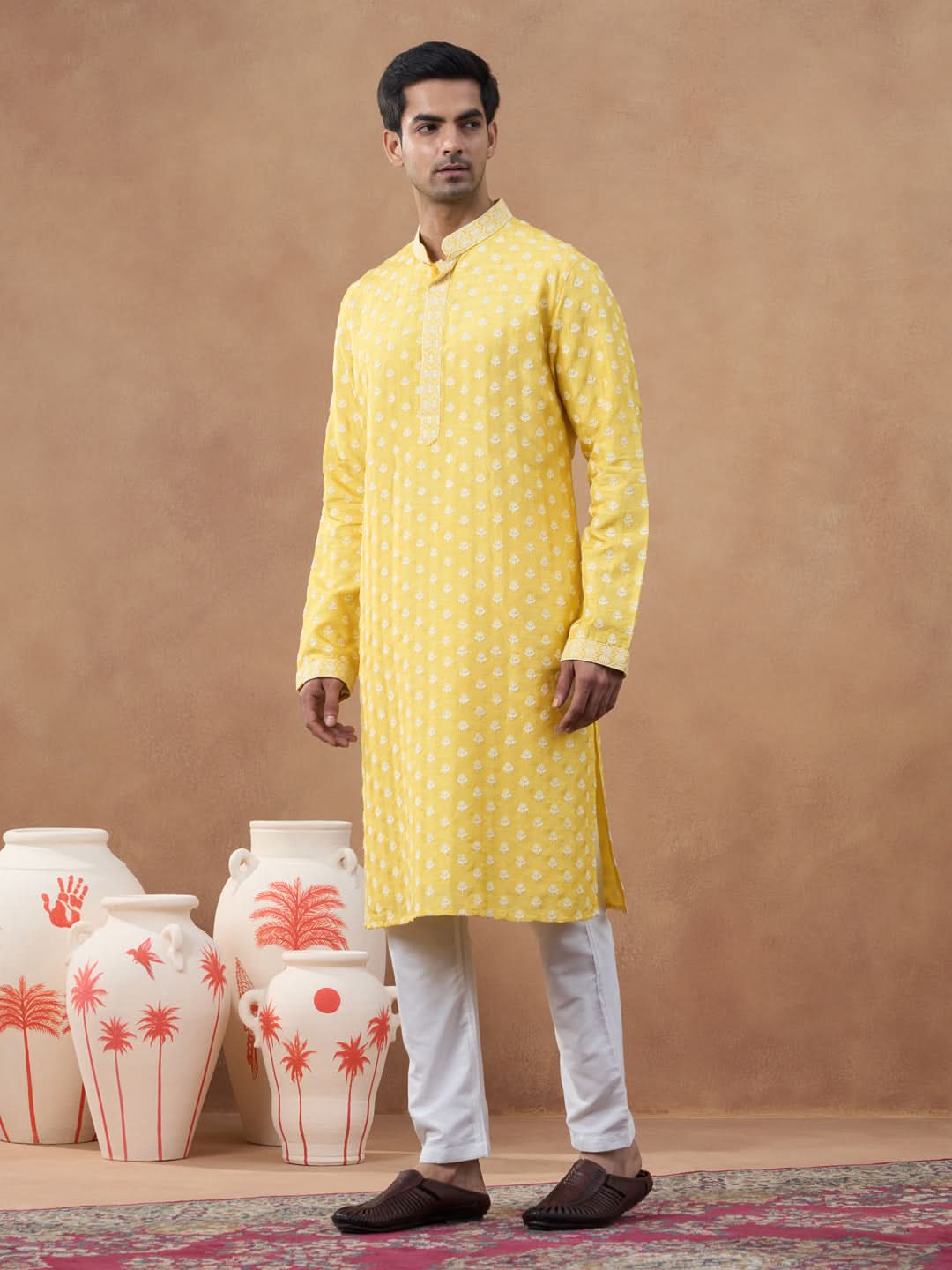 Yellow Self Embroidered Kurta Set