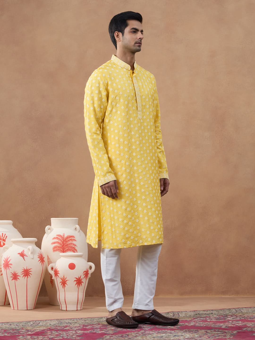 Yellow Self Embroidered Kurta Set