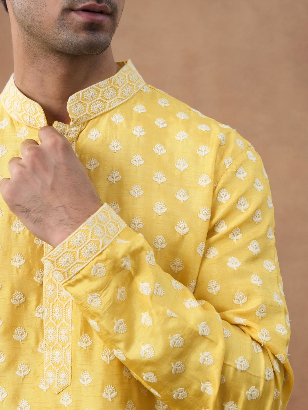 Yellow Self Embroidered Kurta Set