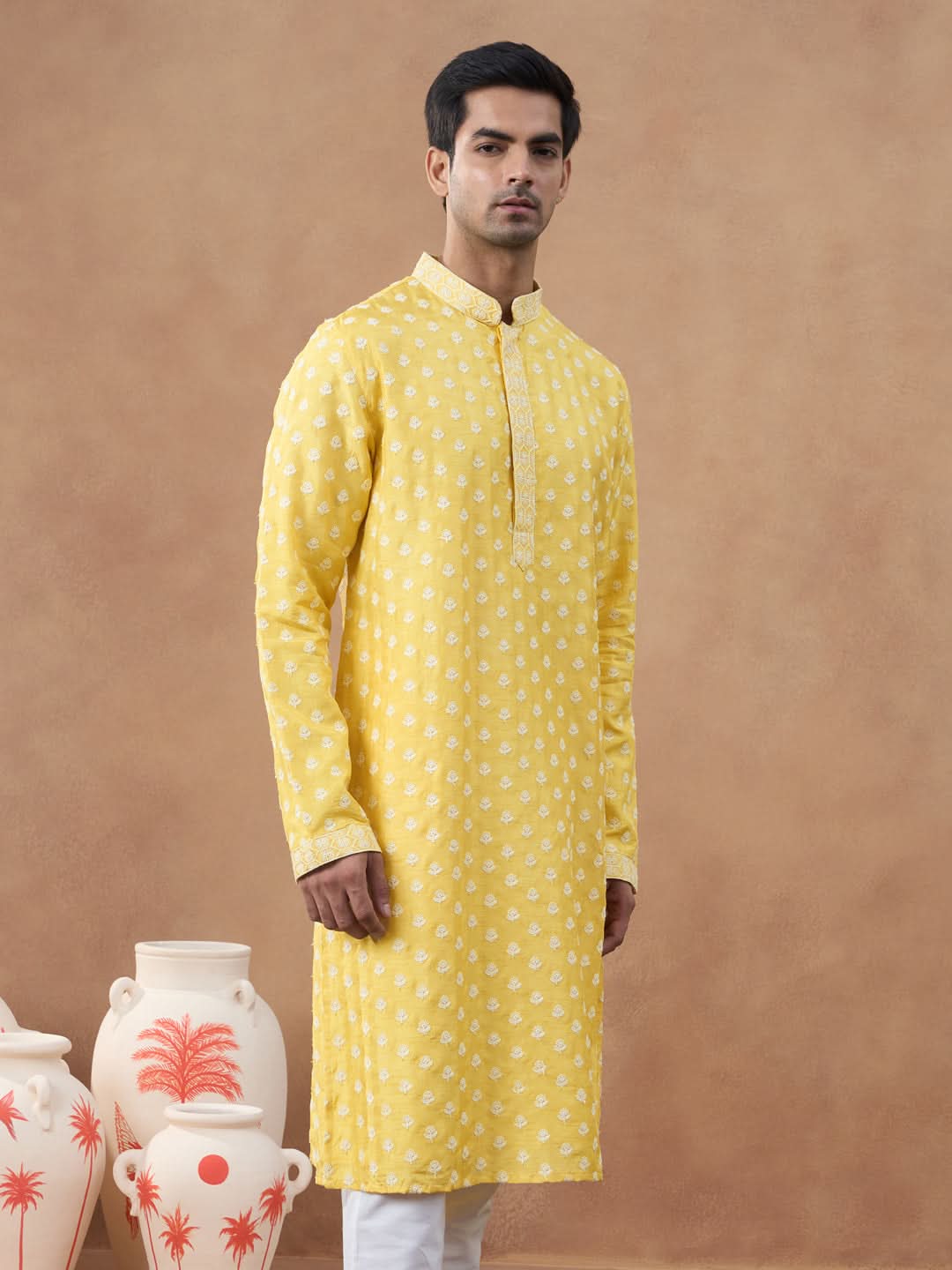 Yellow Self Embroidered Kurta Set
