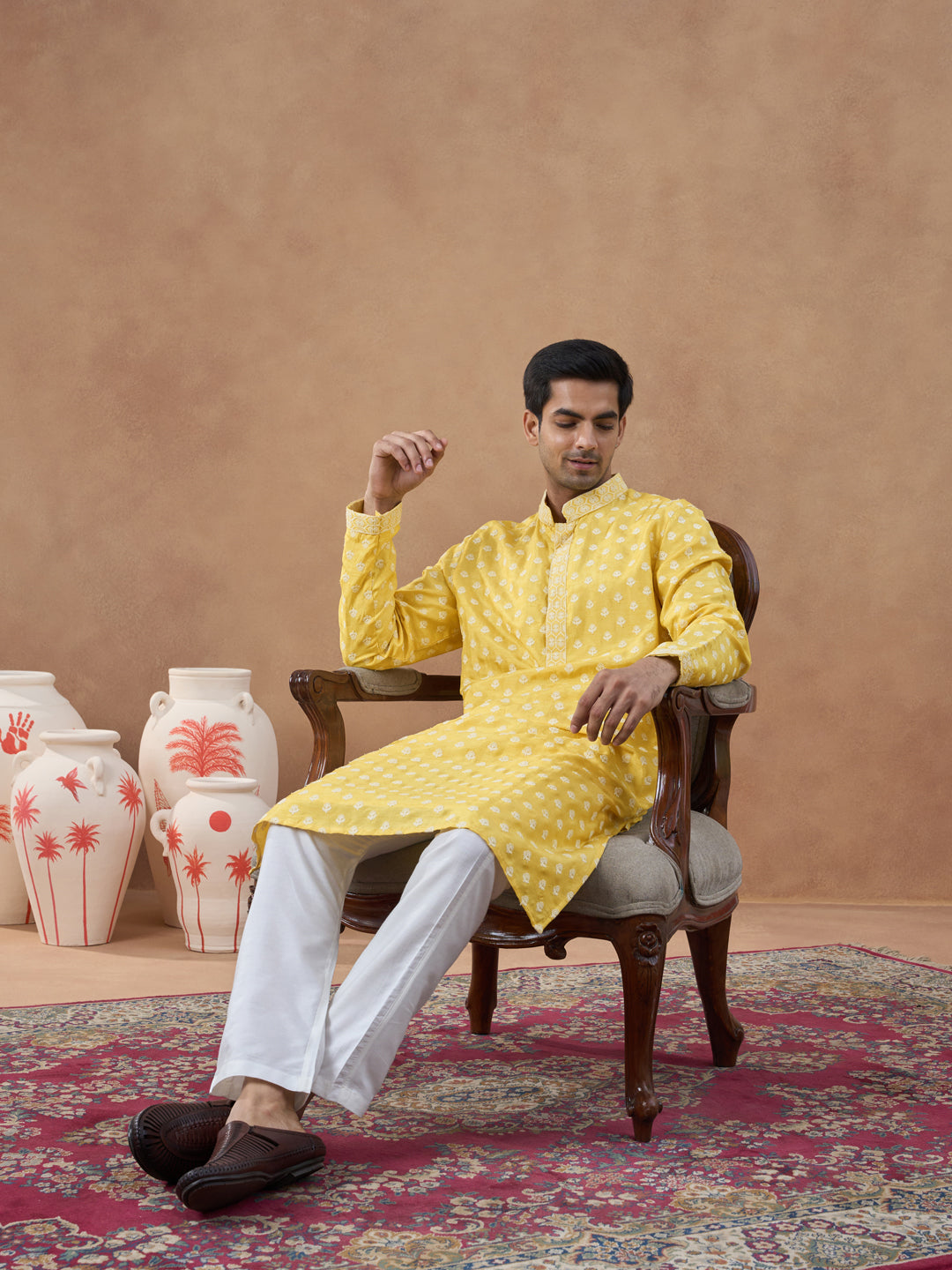 Yellow Self Embroidered Kurta Set