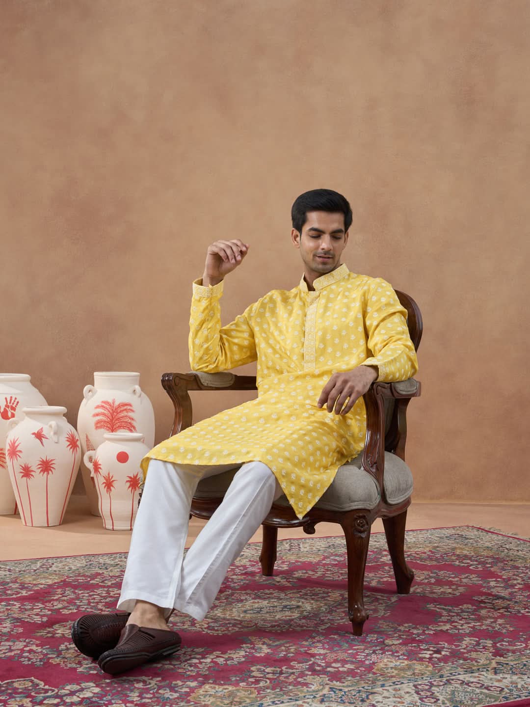 Yellow Self Embroidered Kurta Set