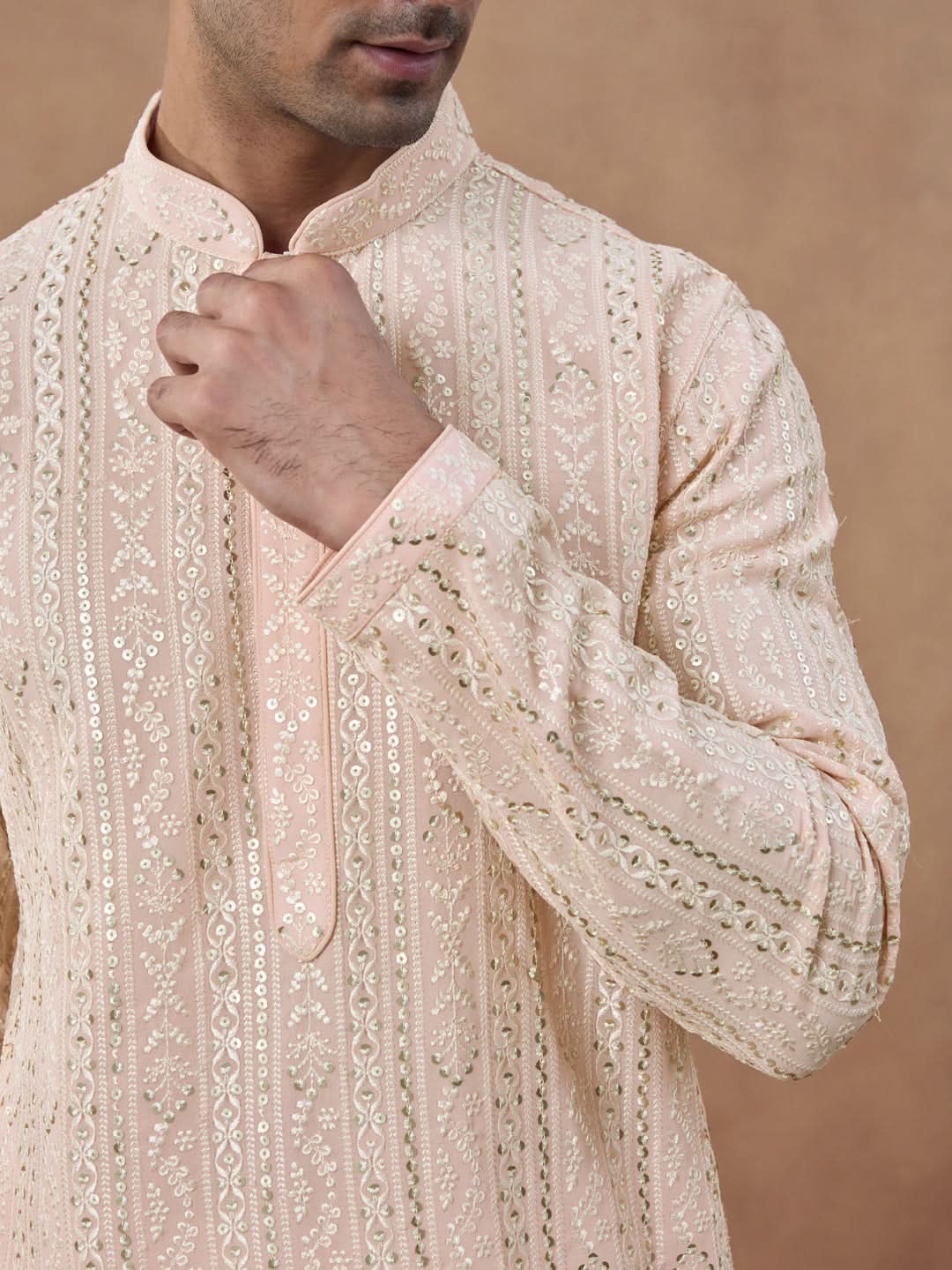 Pastel Peach Sequin Embroidered Kurta Set