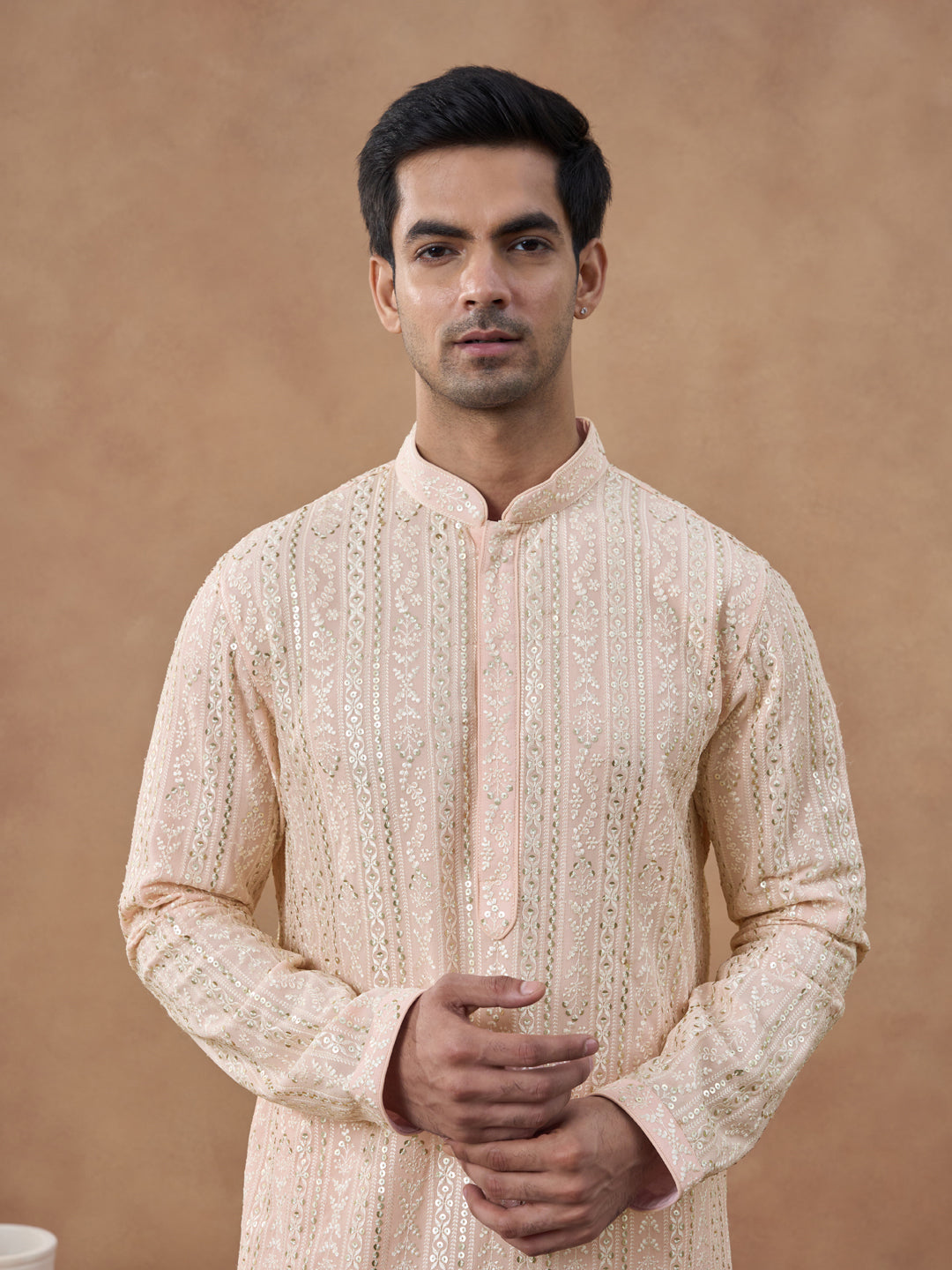 Pastel Peach Sequin Embroidered Kurta Set