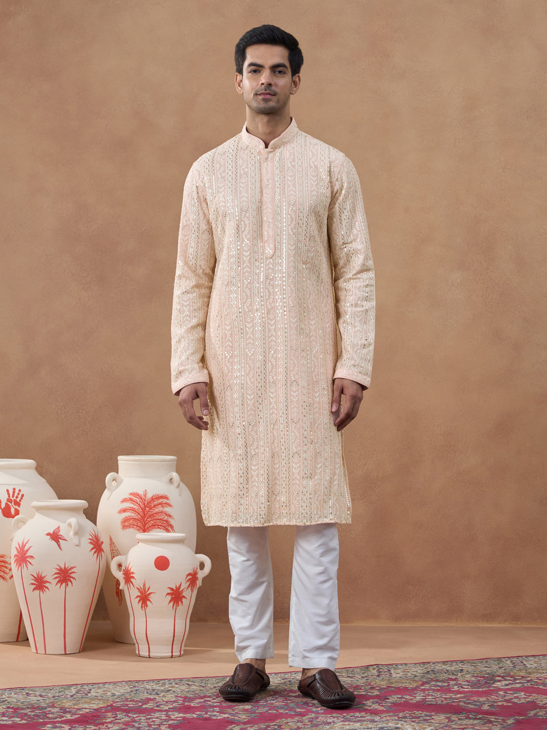 Pastel Peach Sequin Embroidered Kurta Set