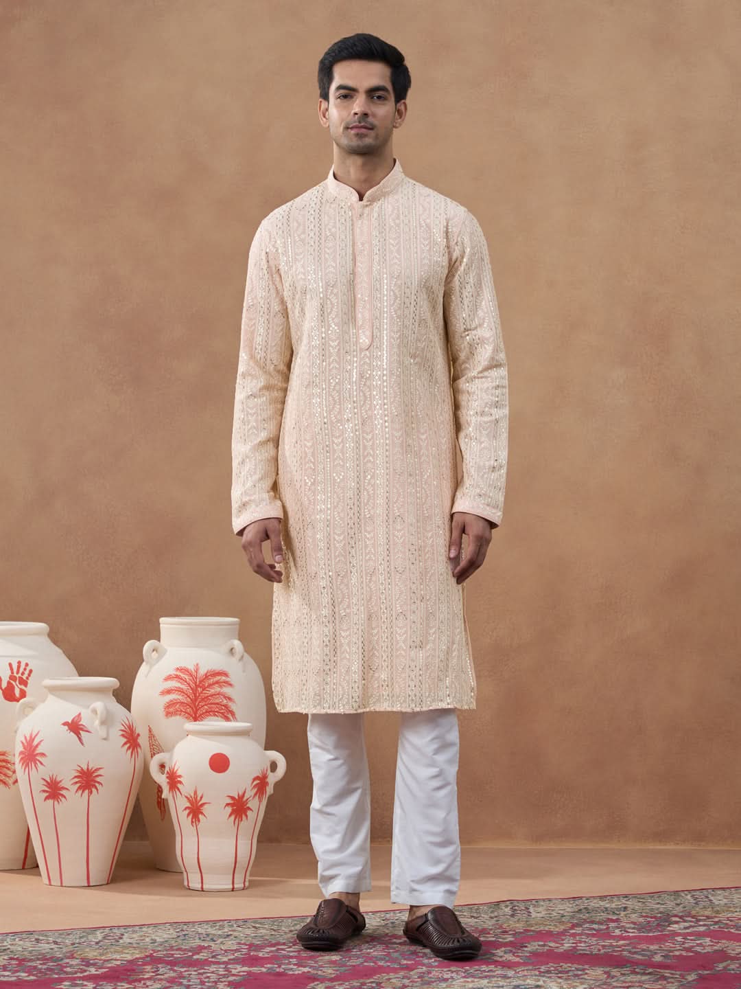 Pastel Peach Sequin Embroidered Kurta Set