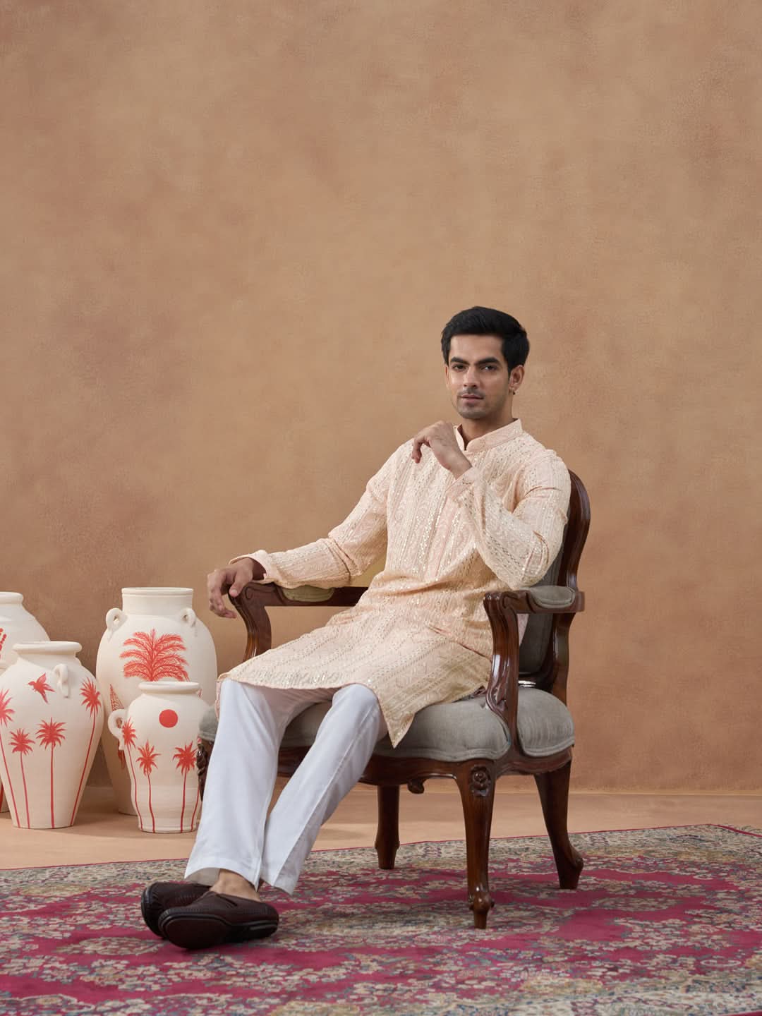 Pastel Peach Sequin Embroidered Kurta Set