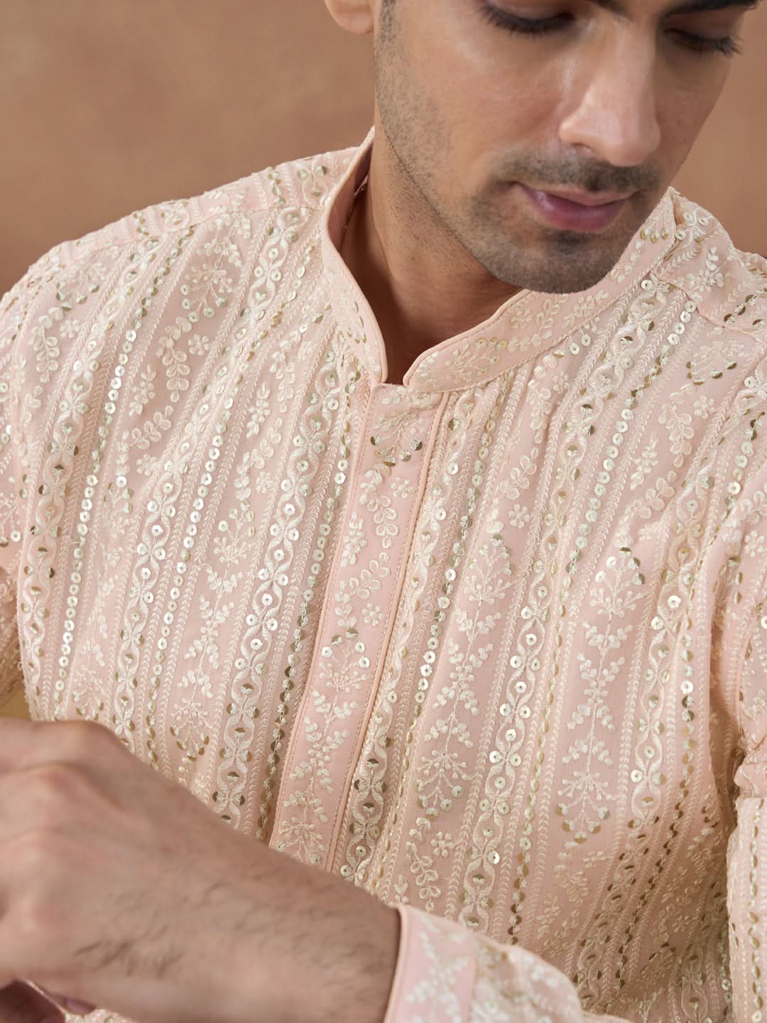 Pastel Peach Sequin Embroidered Kurta Set