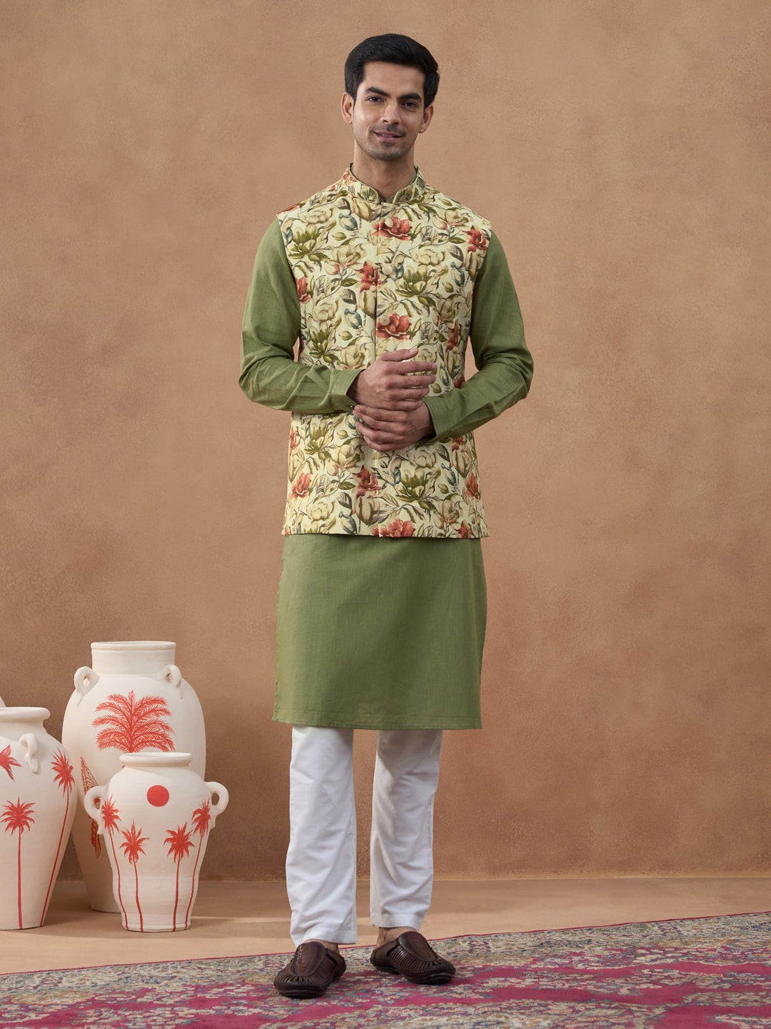 Sage Green Floral Print Bundi With Kurta Set