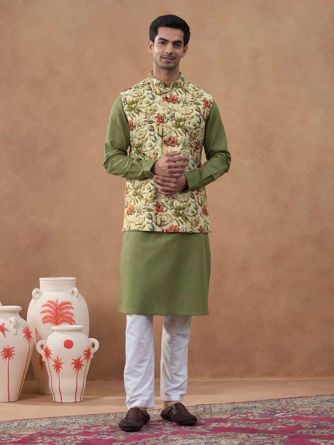 Sage Green Floral Print Bundi With Kurta Set