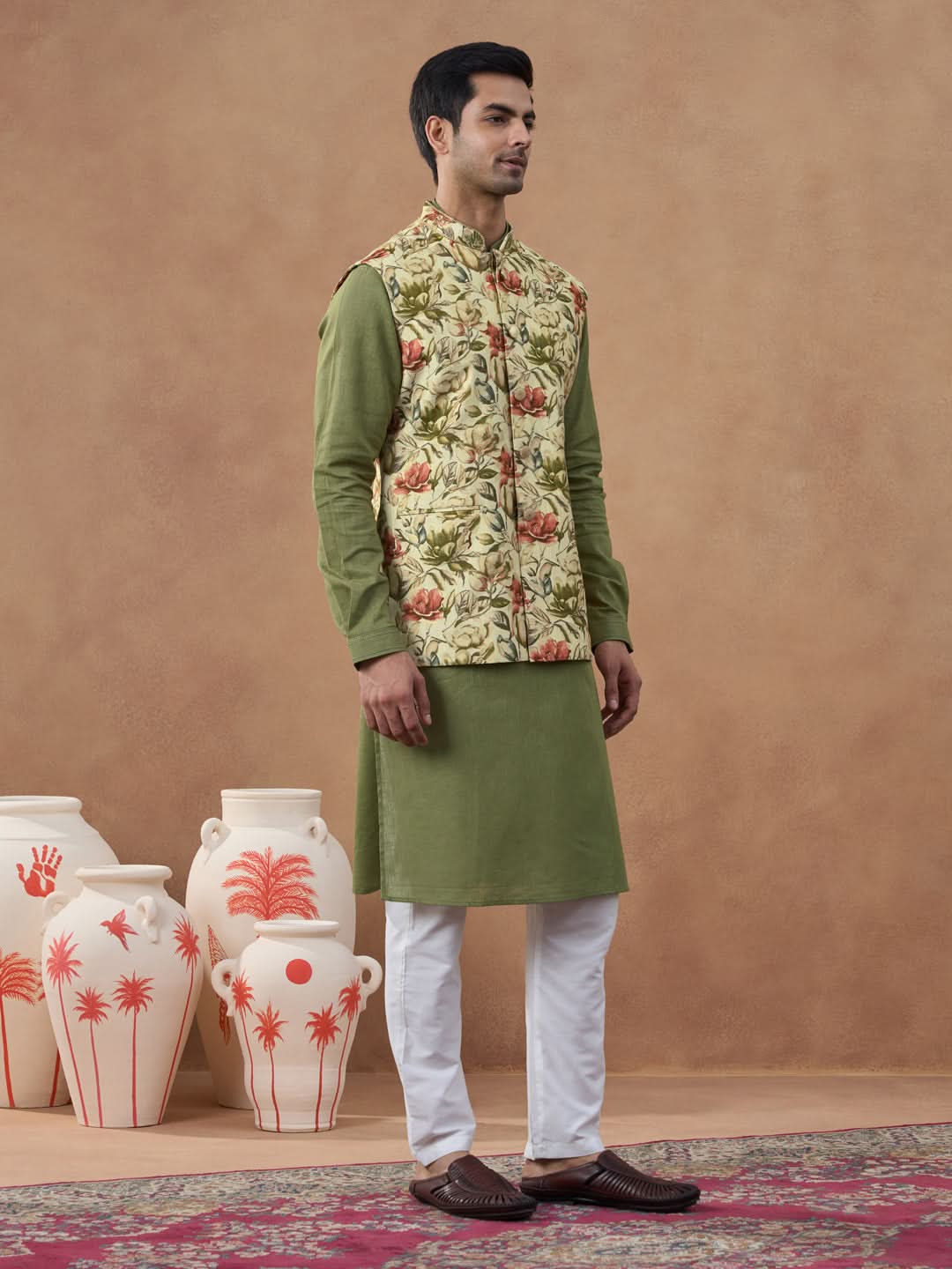 Sage Green Floral Print Bundi With Kurta Set