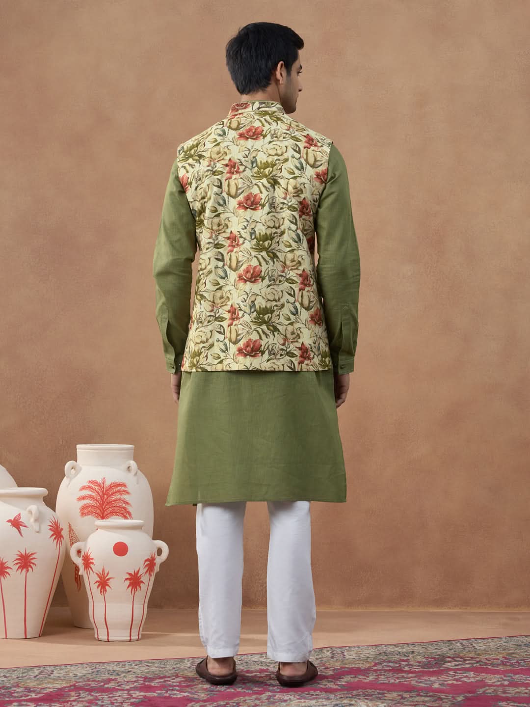 Sage Green Floral Print Bundi With Kurta Set