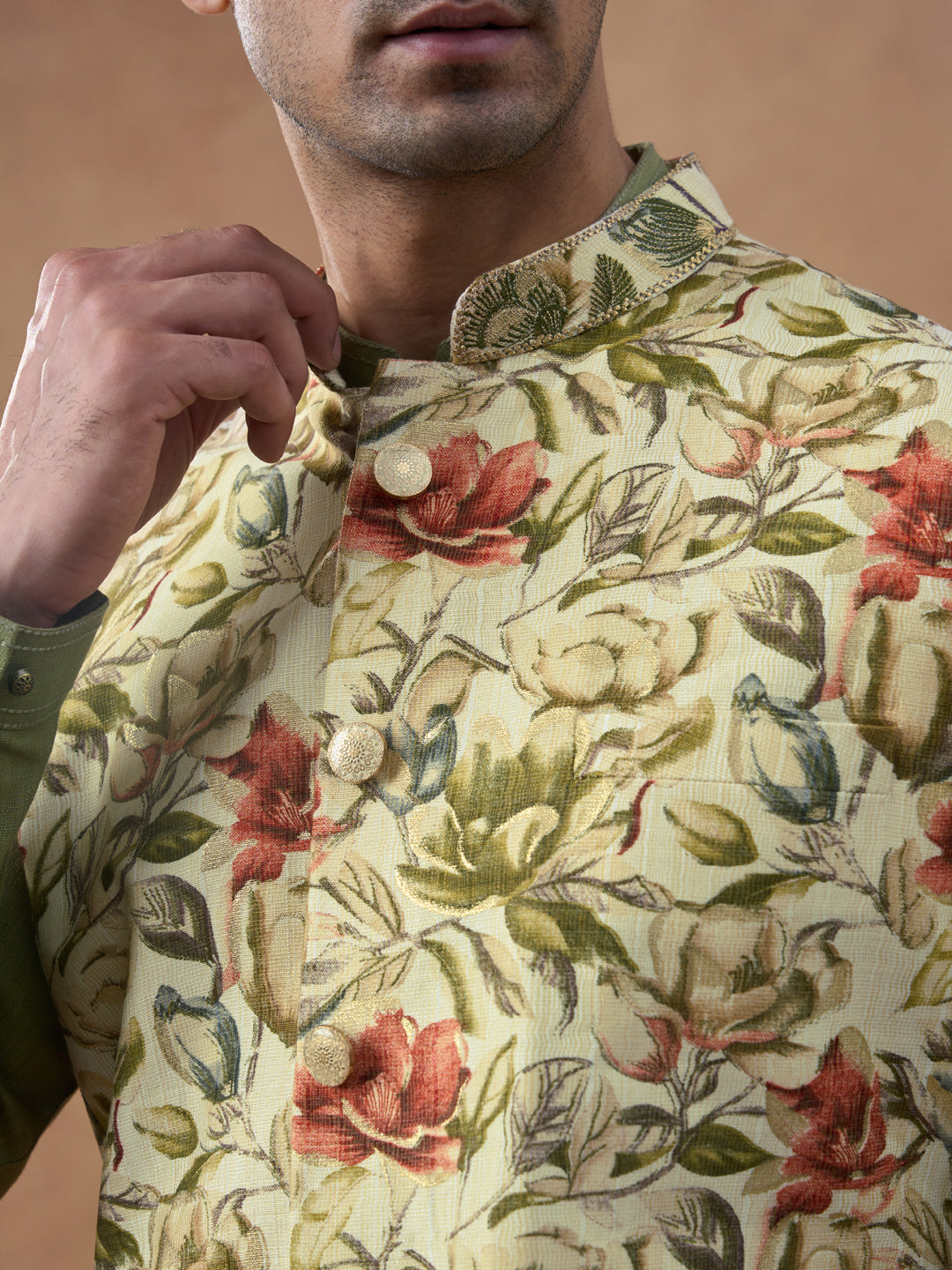 Sage Green Floral Print Bundi With Kurta Set