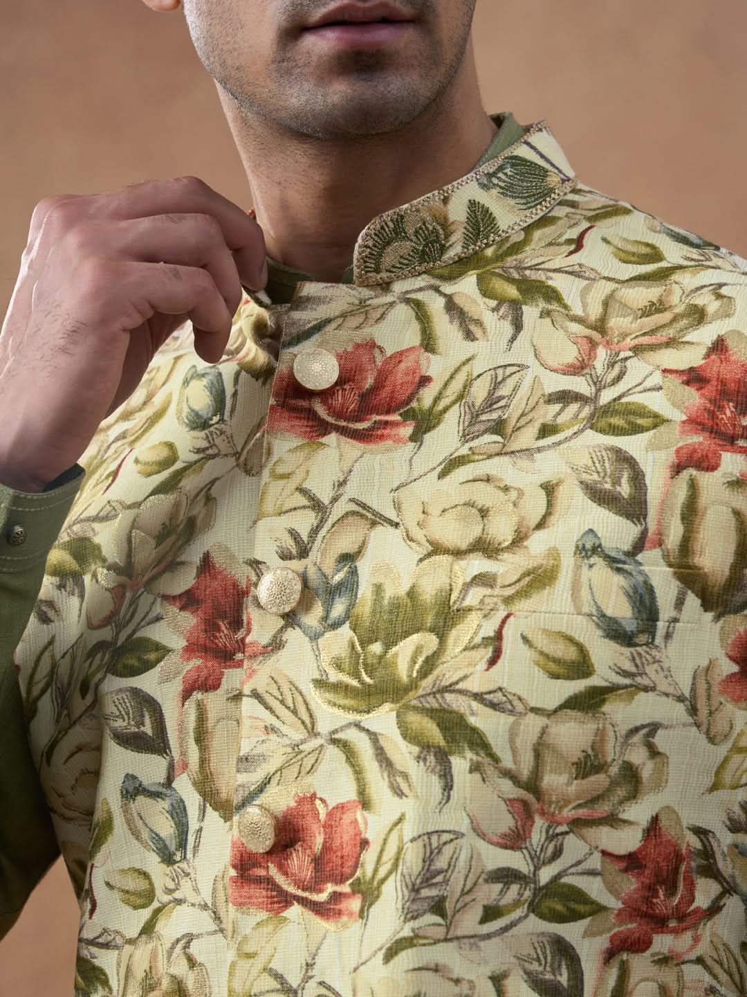 Sage Green Floral Print Bundi With Kurta Set