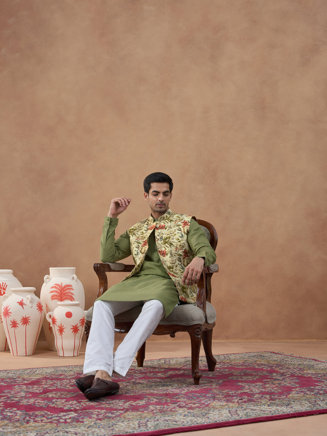 Sage Green Floral Print Bundi With Kurta Set