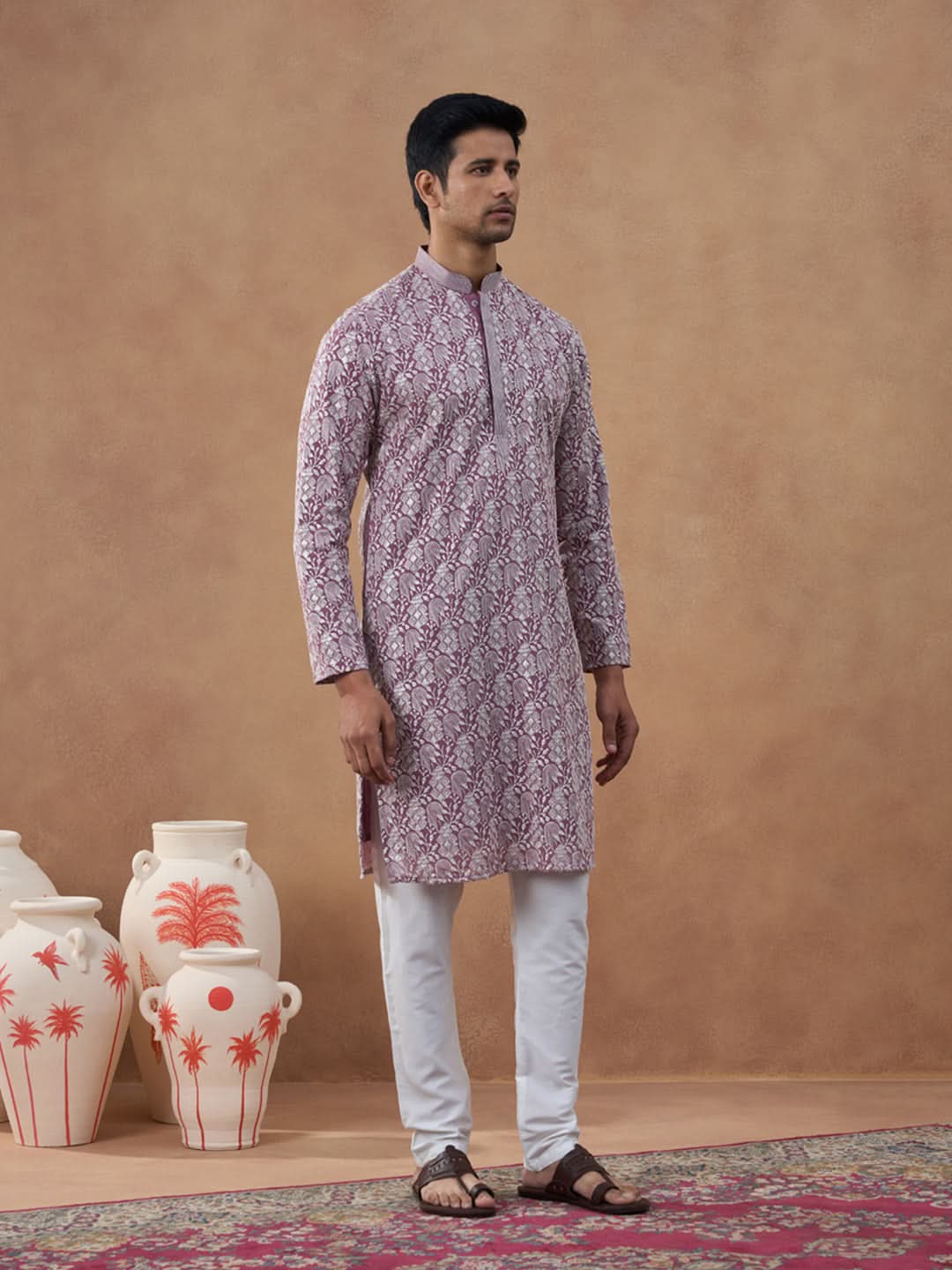 Lavender Textured Brocade Kurta Set