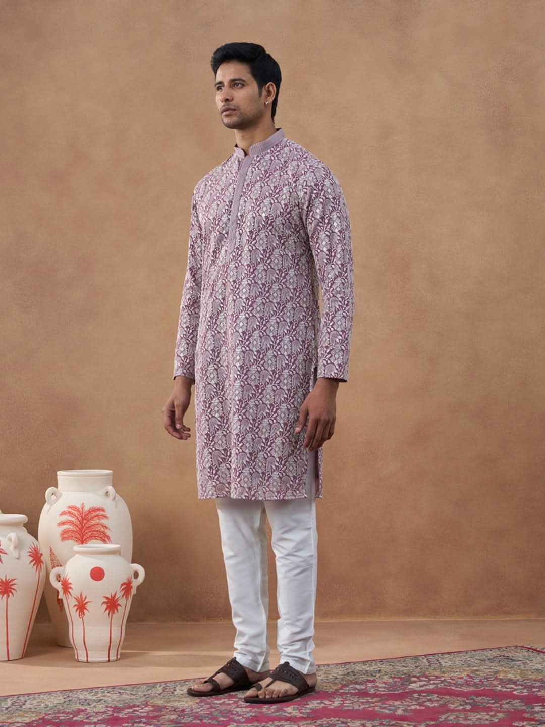 Lavender Textured Brocade Kurta Set