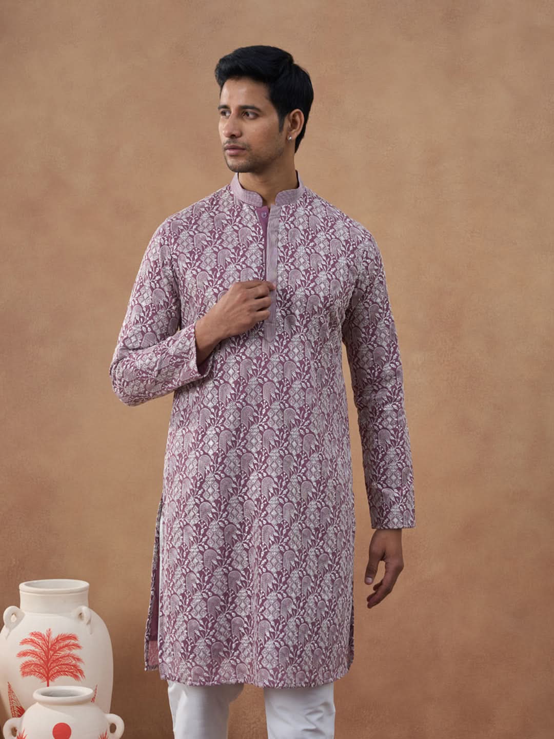 Lavender Textured Brocade Kurta Set