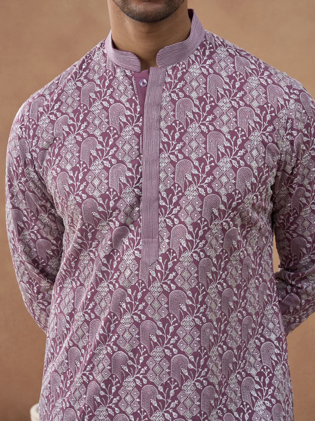 Lavender Textured Brocade Kurta Set
