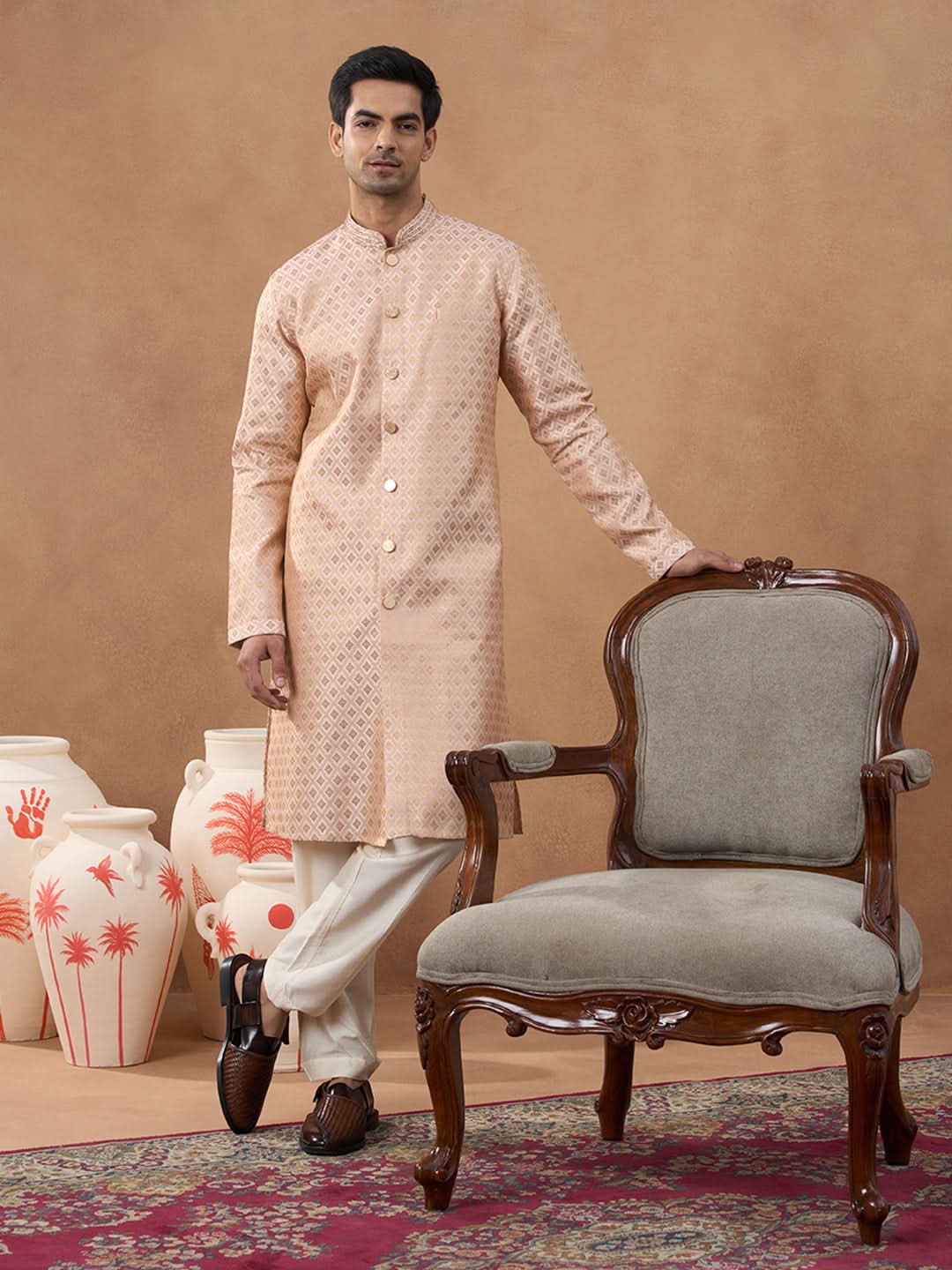 Peach Brocade Front-Open Kurta Set