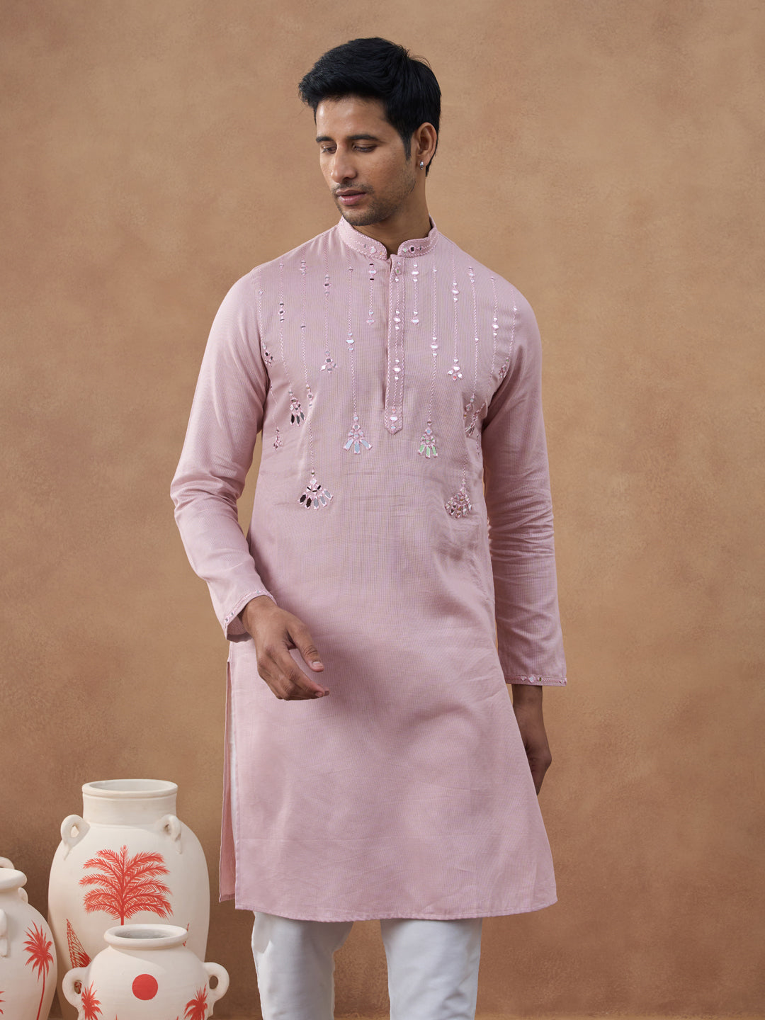 Peach Mirror Embroidered Kurta Set