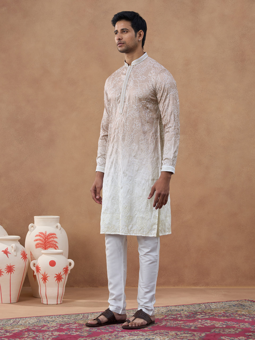 Beige Floral Embroidered Kurta Set