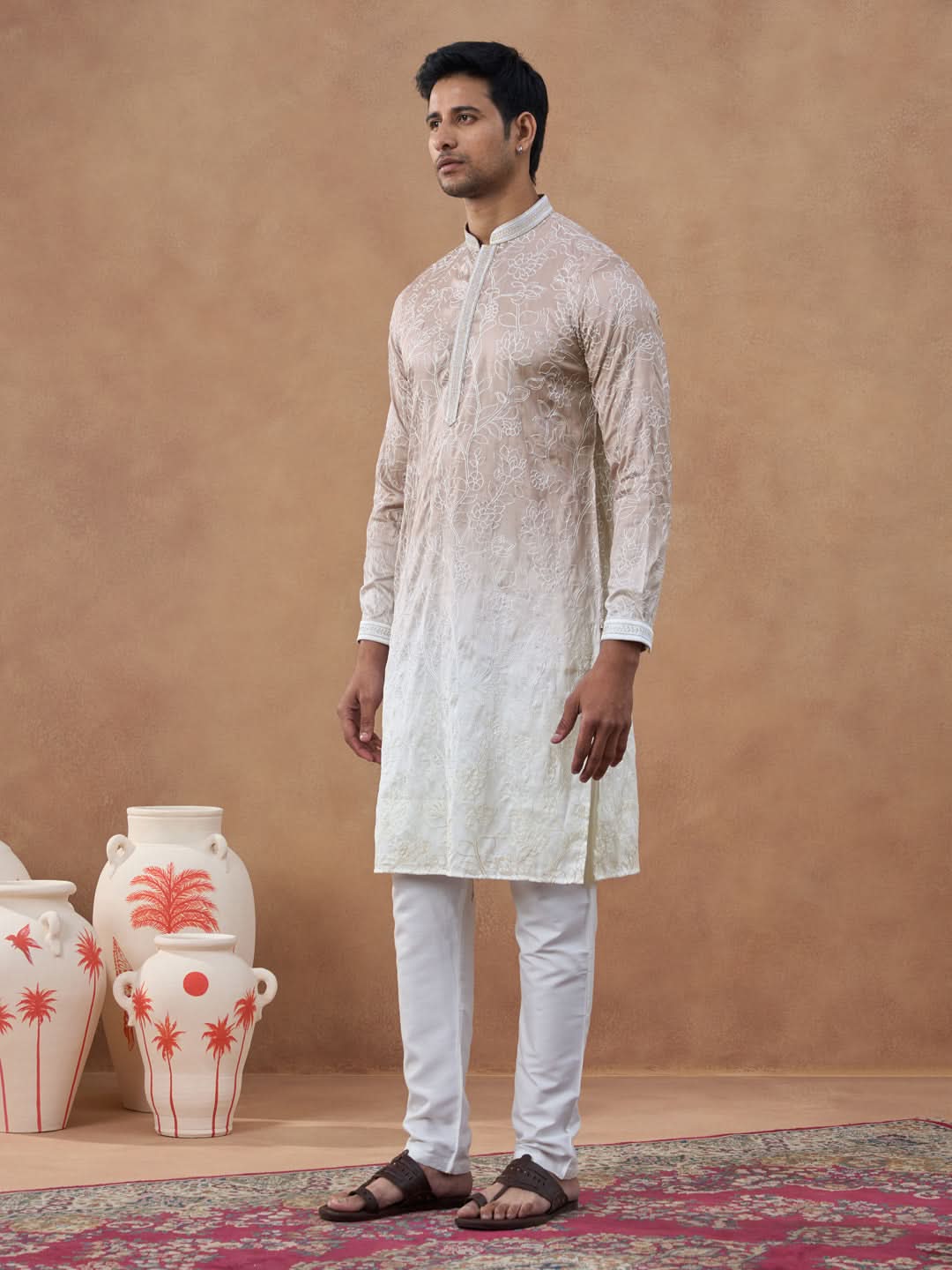 Beige Floral Embroidered Kurta Set