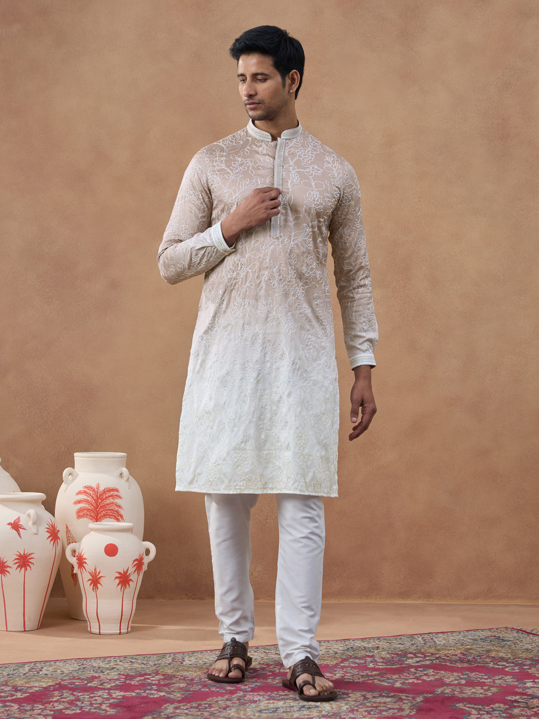Beige Floral Embroidered Kurta Set
