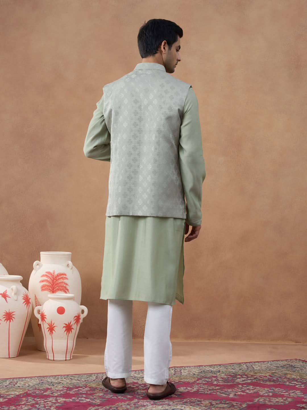 Light Green Jacquard Jacket Kurta Set