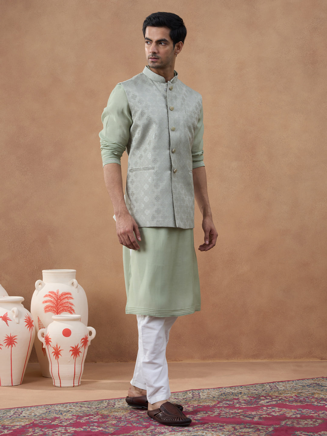 Light Green Jacquard Jacket Kurta Set