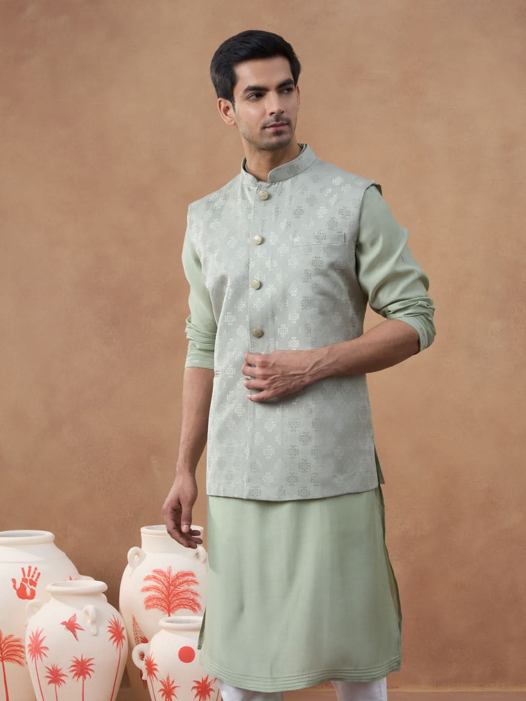 Light Green Jacquard Jacket Kurta Set