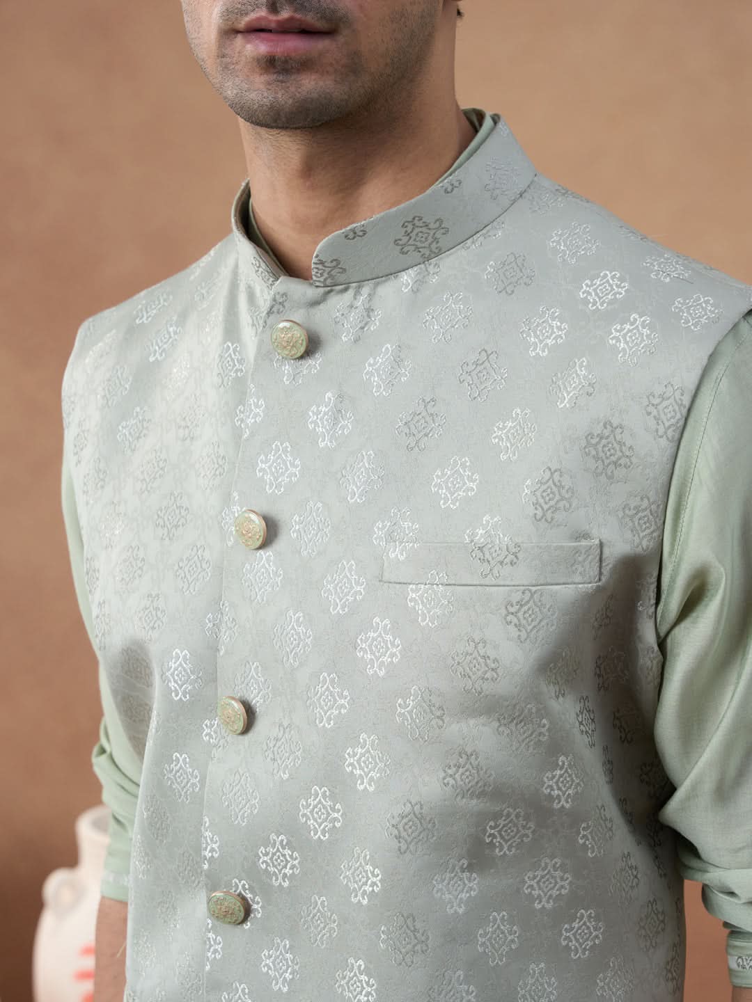 Light Green Jacquard Jacket Kurta Set