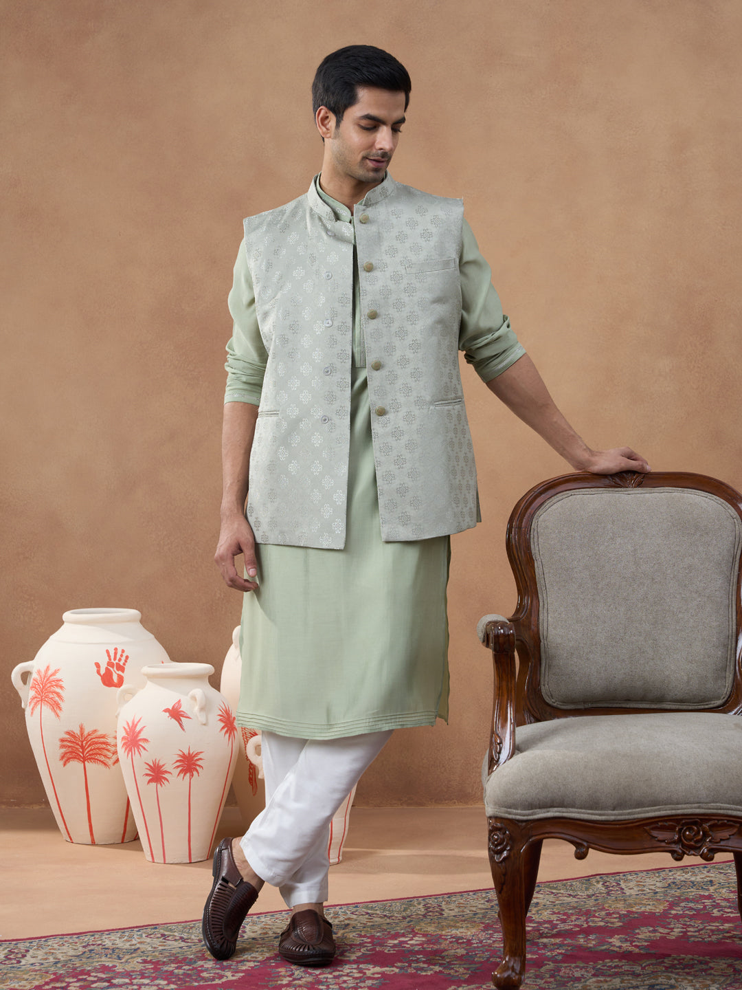 Light Green Jacquard Jacket Kurta Set