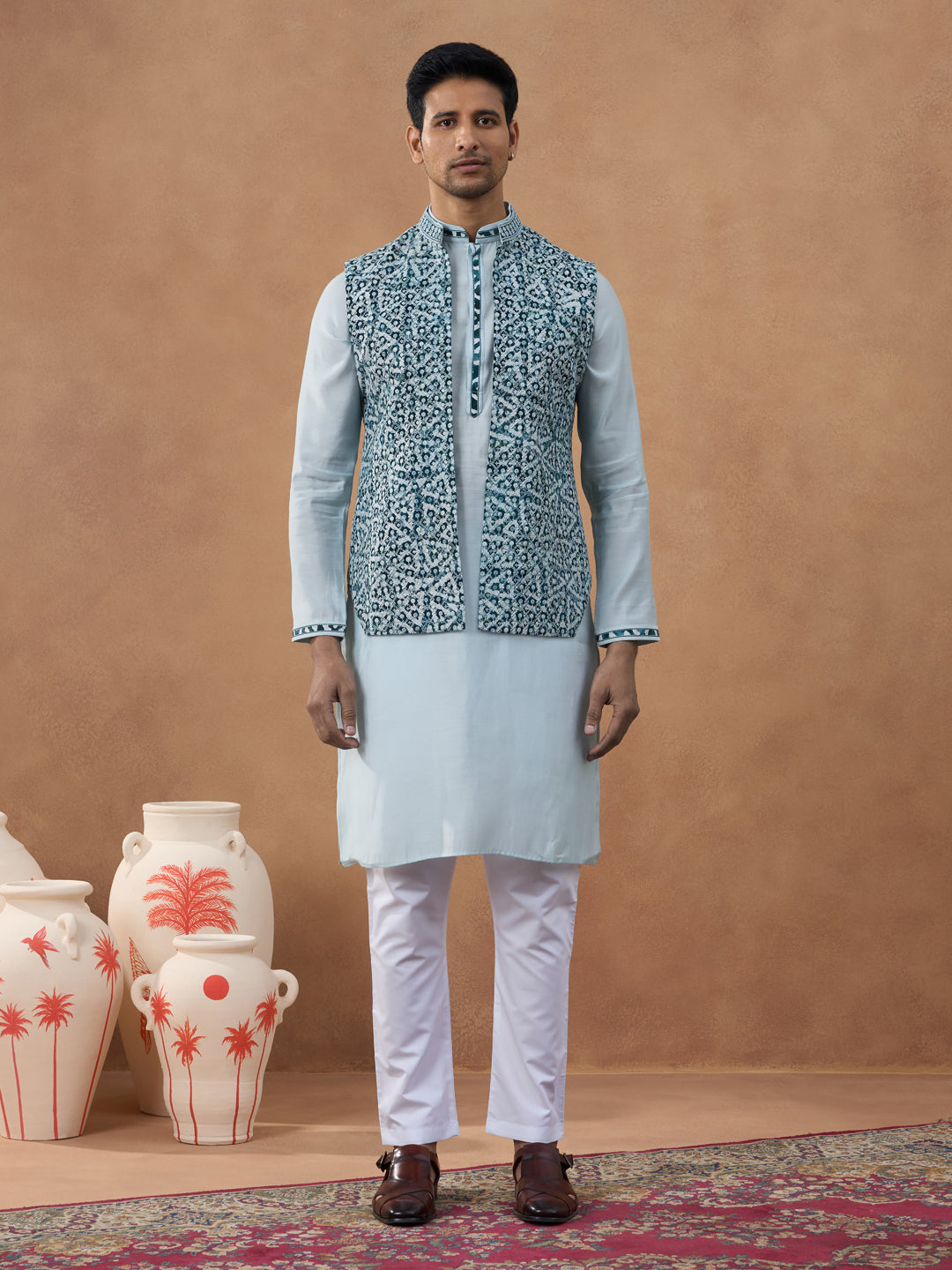 Light Blue Ikat Print Bundi With Kurta Set