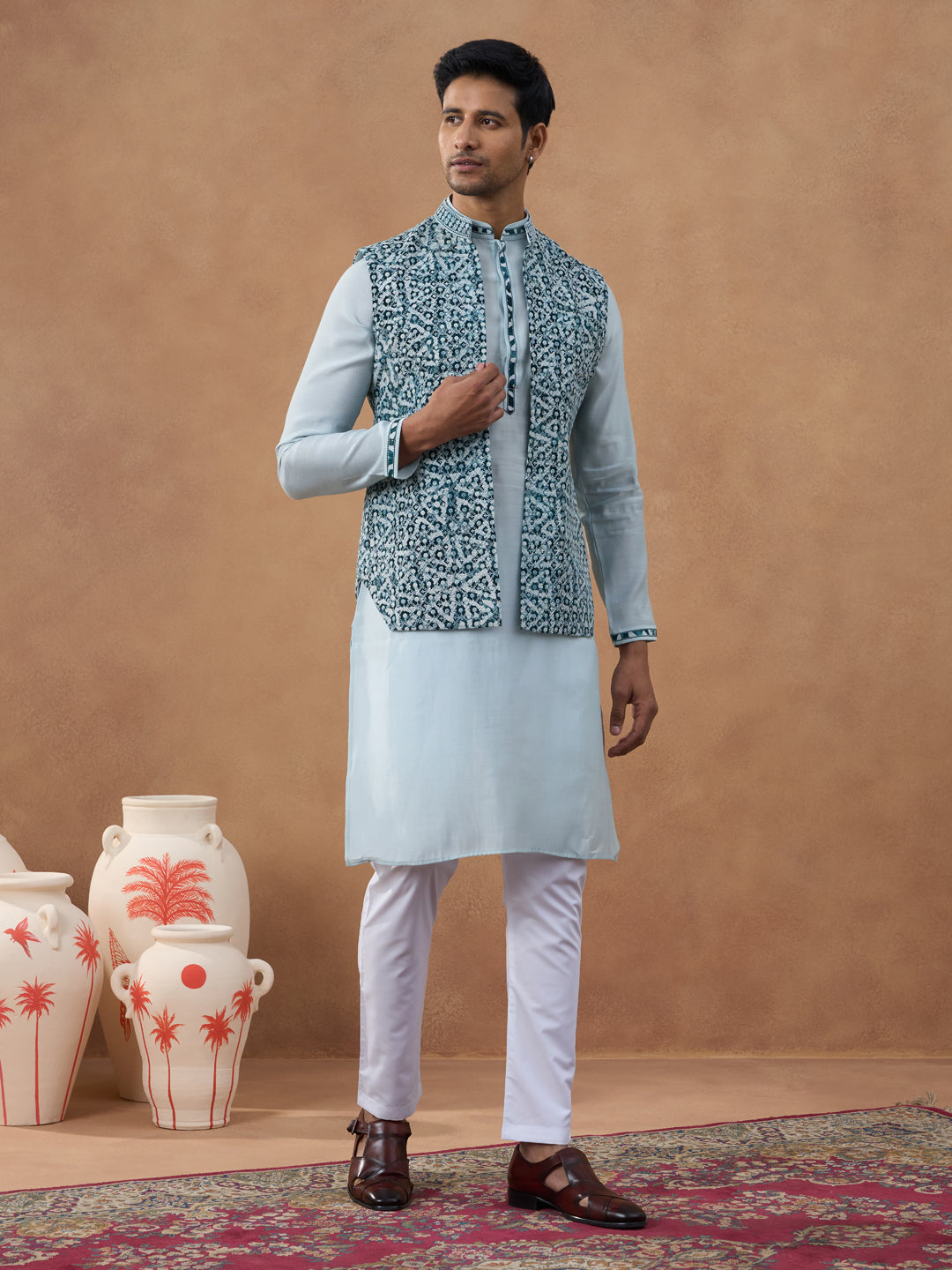 Light Blue Ikat Print Bundi With Kurta Set
