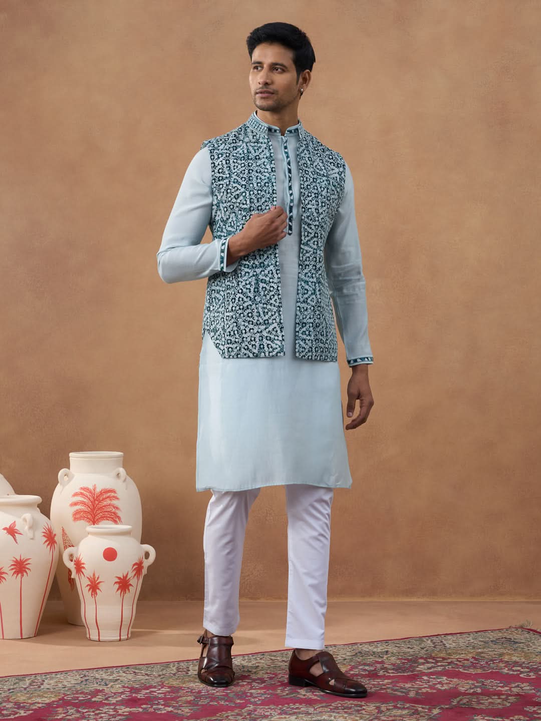 Light Blue Ikat Print Bundi With Kurta Set