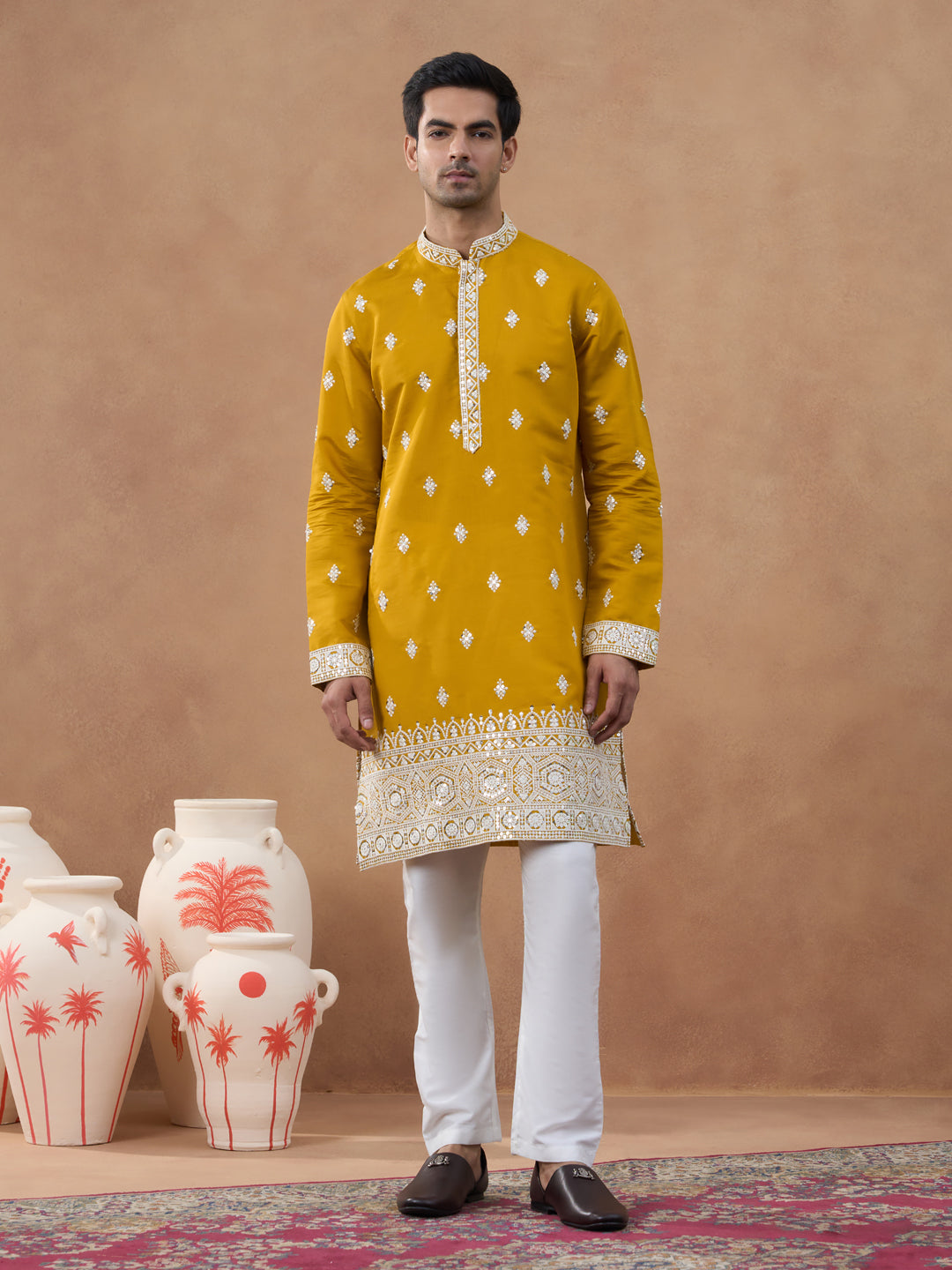 Mustard Sequin-Embroidered Kurta Set