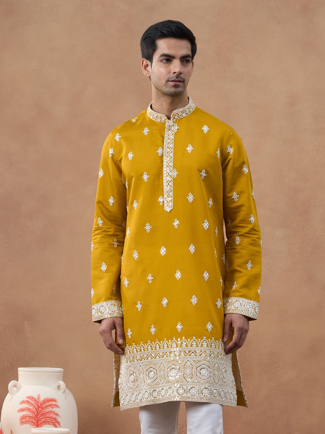 Mustard Sequin-Embroidered Kurta Set