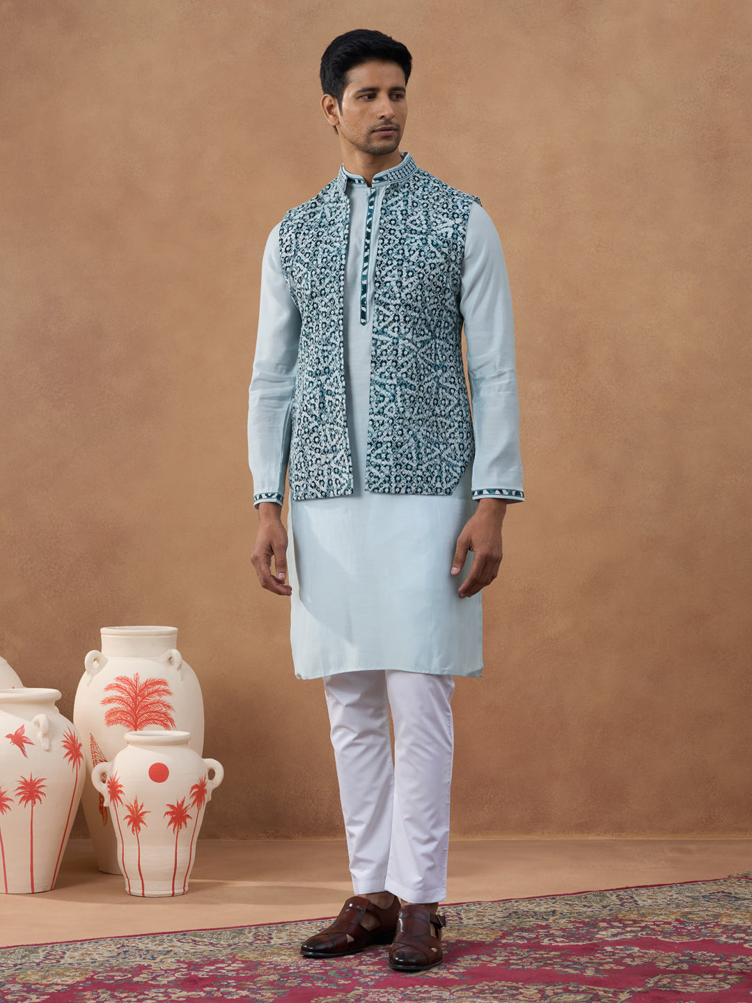 Light Blue Ikat Print Bundi With Kurta Set