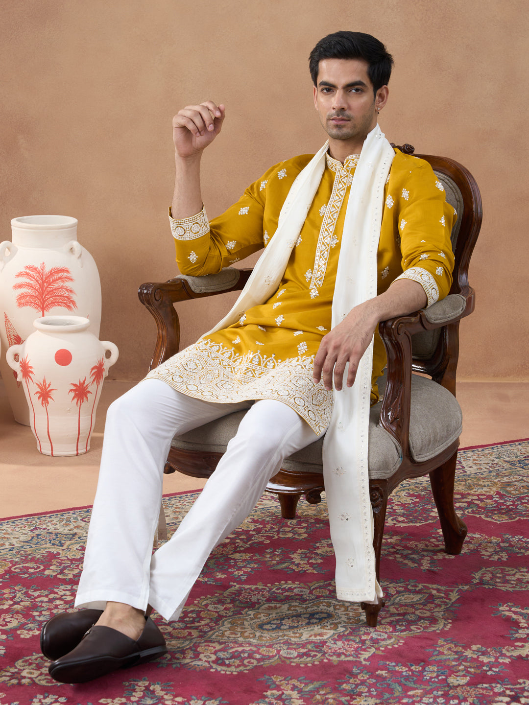 Mustard Sequin-Embroidered Kurta Set