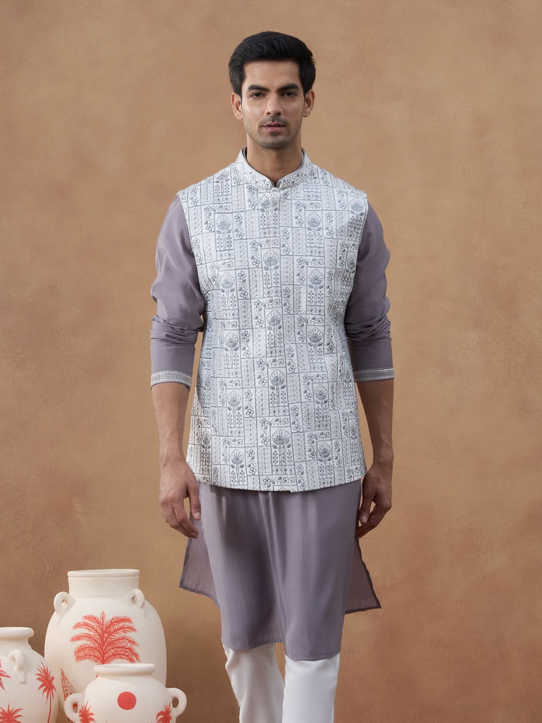 Grey Embroidered Jacket & Kurta Set