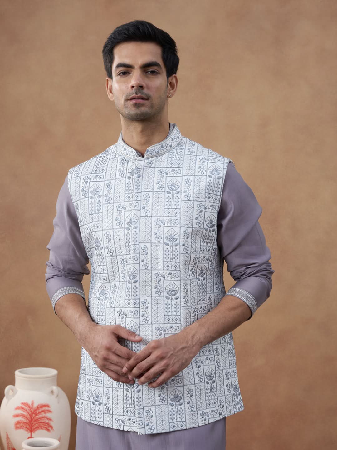 Grey Embroidered Jacket & Kurta Set